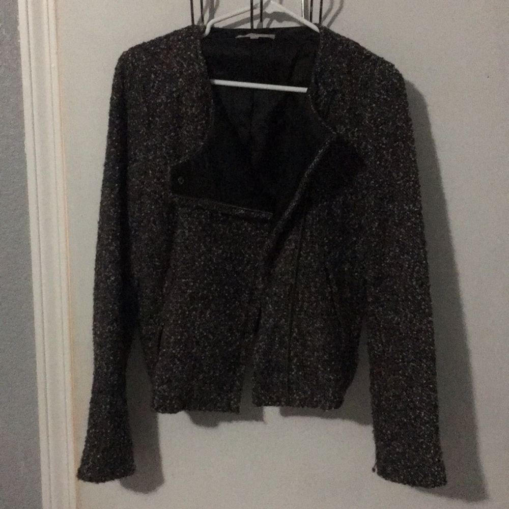 Tweed jacket with leather lapel